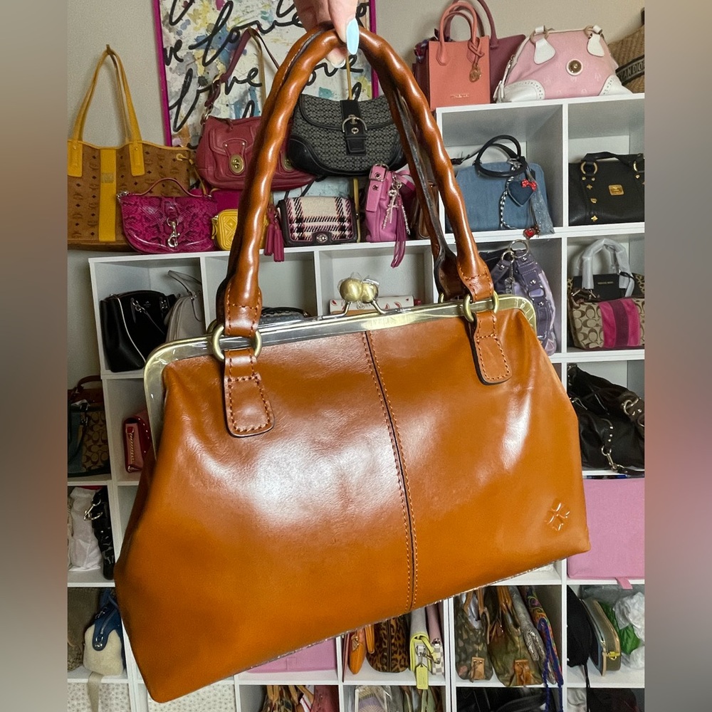 Patricia Nash Cognac & Gold Heritage Robine Kisslock Satchel NWT